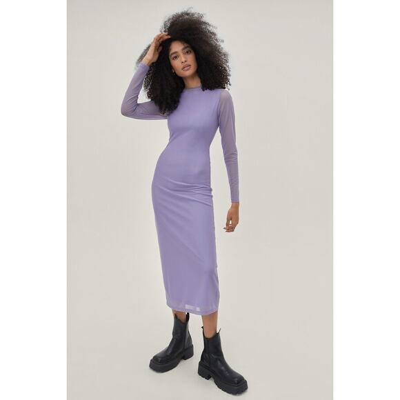 Nasty Gal Funnel Neck Mesh Midi Dress – Size 4, Lilac Purple, NWT - Picture 1 of 5